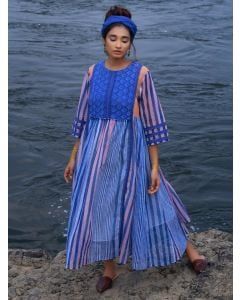 Blue Lace Work Kota Hand Block Printed Dress with Slip