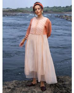 Peach Lace Work Cotton Silk Hand Block Printed Dress with Slip