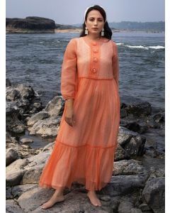 Peach Chanderi Dress with Hand Block Printed Slip