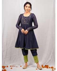 Navy Blue Hand Embroidered Chanderi Silk Kurta with Pants- Set of 2