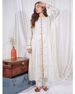 White Embroidered Cotton Kurta with Pants - Set of 2