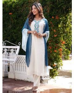 White Embroidered Cotton Kurta with Pants - Set of 2