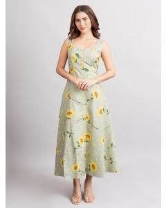 Green Printed Cotton Linen Dress