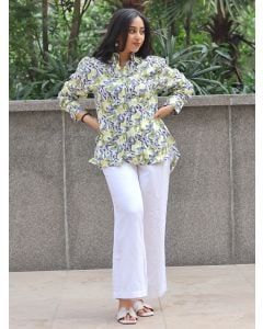 Blue Yellow Printed Linen Shirt