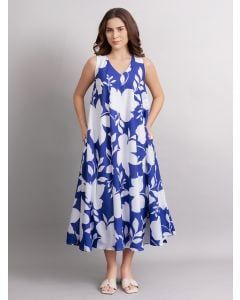 Blue White Printed Cotton Poplin Dress