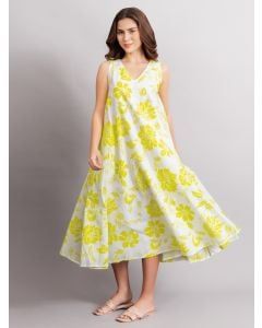 Yellow White Printed Cotton Dress