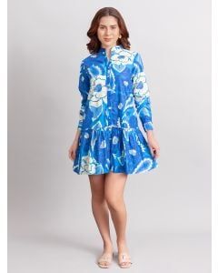Blue Printed Cotton Poplin Dress