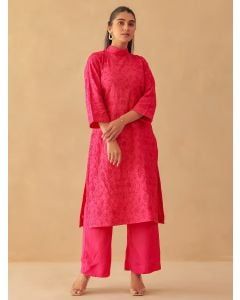 Fuchsia Embroidered Cotton Silk Kurta with Pants - Set of 2