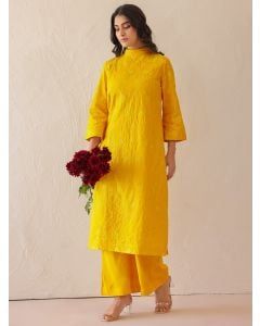 Yellow Embroidered Cotton Silk Kurta with Pants - Set of 2