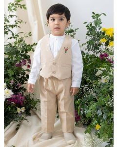 White Cotton Shirt with Embroidered Waistcoat and Pants- Set of 3