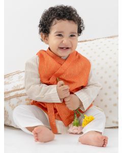 Cream Cotton Lurex Cotton Kurta with Jacket and Pajama - Set of 3