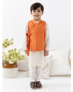 Cream Cotton Lurex Cotton Kurta with Jacket and Churidaar  - Set of 3