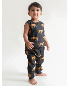 Black Printed Cotton Unisex Jhabla with Pajama- Set of 2