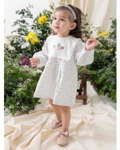 White Printed Cotton Dress with Bloomer and Headband- Set of 3