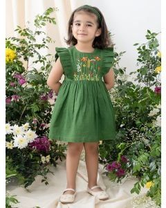 Green Embroidered Cotton Dress with Bloomer and Headband- Set of 3