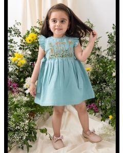 Blue Embroidered Cotton Dress with Bloomer and Headband- Set of 3