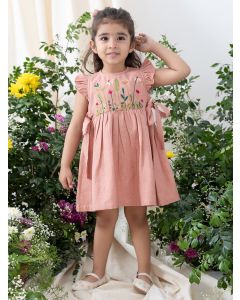 Pink Embroidered Cotton Dress with Bloomer and Headband- Set of 3