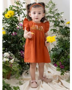 Rust Embroidered Cotton Dress with Bloomer and Headband- Set of 3