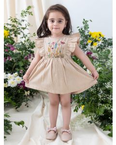 Beige Embroidered Cotton Dress with Bloomer and Headband- Set of 3
