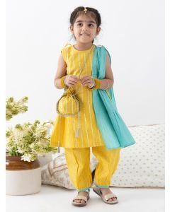 Yellow Cotton Lurex Suit - Set of 3