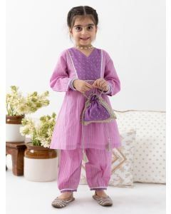 Purple Lace Work Cotton Lurex Kurta with Salwar - Set of 2