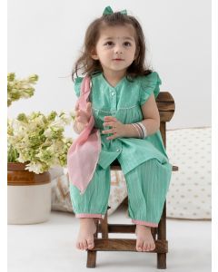 Green Lace Work Cotton Lurex Suit - Set of 3