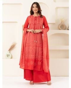 Red Bandhani Printed Muslin Suit- Set of 3