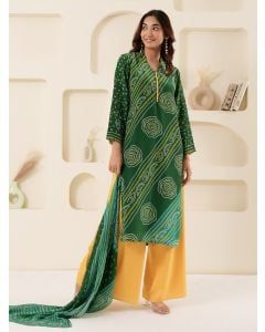 Green Bandhani Printed Muslin Suit- Set of 3