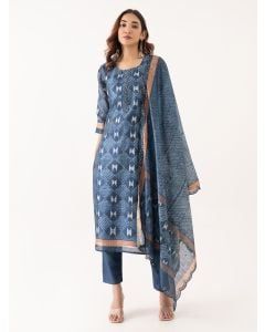 Indigo Printed Cotton Linen Embroidered Suit- Set of 3