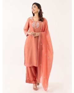 Peach Embroidered Organza Silk Suit- Set of 3