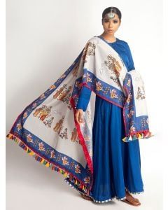Blue Cotton Linen Kurta with Printed Dupatta - Set of 2