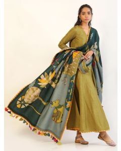 Green Cotton Linen Kurta with Printed Dupatta - Set of 2