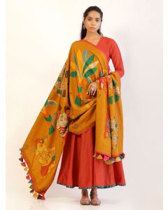 Orange Cotton Linen Kurta with Printed Dupatta - Set of 2