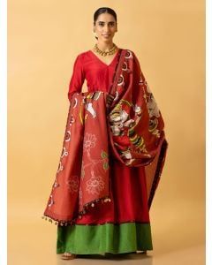 Red Cotton Linen Kurta with Printed Dupatta - Set of 2