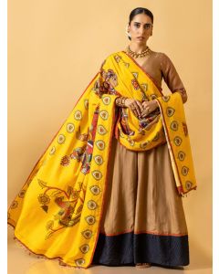 Beige Cotton Linen Kurta with Printed Dupatta - Set of 2