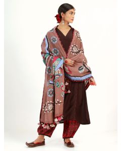 Dark Brown Printed Cotton Linen Suit - Set of 3