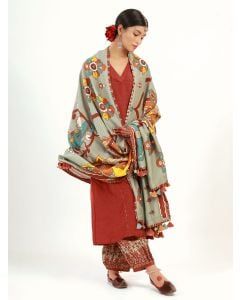 Maroon Printed Cotton Linen Suit - Set of 3