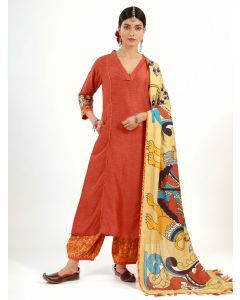 Orange Printed Cotton Linen Suit - Set of 3