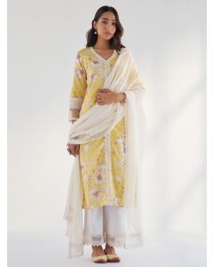 Yellow Printed Cotton Suit- Set of 3