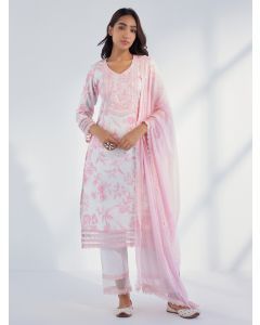 White Pink Printed Cotton Suit- Set of 3