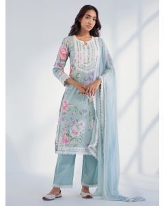 Blue Printed Cotton Suit- Set of 3