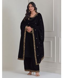 Black Embroidered Velvet Anarkali Suit - Set of 3