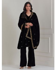 Black Embroidered Velvet A-Line Suit - Set of 3