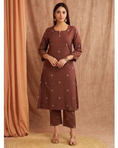 Brown Embroidered Cotton Linen Kurta with Pants - Set of 2