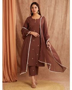 Brown Embroidered Cotton Linen Suit - Set of 3