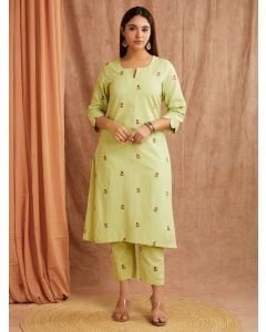Mint Green Embroidered Cotton Linen Kurta with Pants - Set of 2
