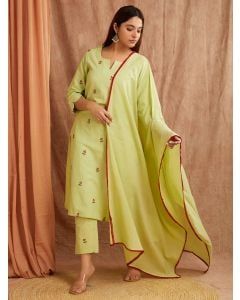 Mint Green Embroidered Cotton Linen Suit - Set of 3