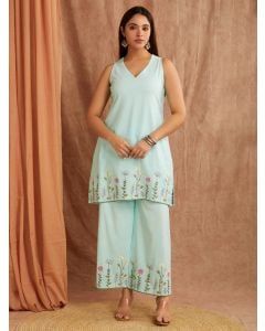 Blue Embroiderd Cotton Linen Kurta with Palazzo - Set of 2