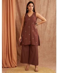 Brown Embroidered Cotton Linen Kurta with Palazzo - Set of 2