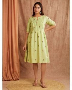 Mint Green Embroidered Cotton Linen Dress